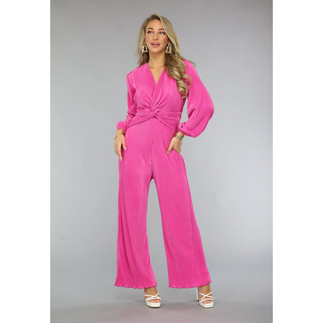 Fuchsiafarbener Plissé-Jumpsuit mit Schleifendetail und weiten Beinen