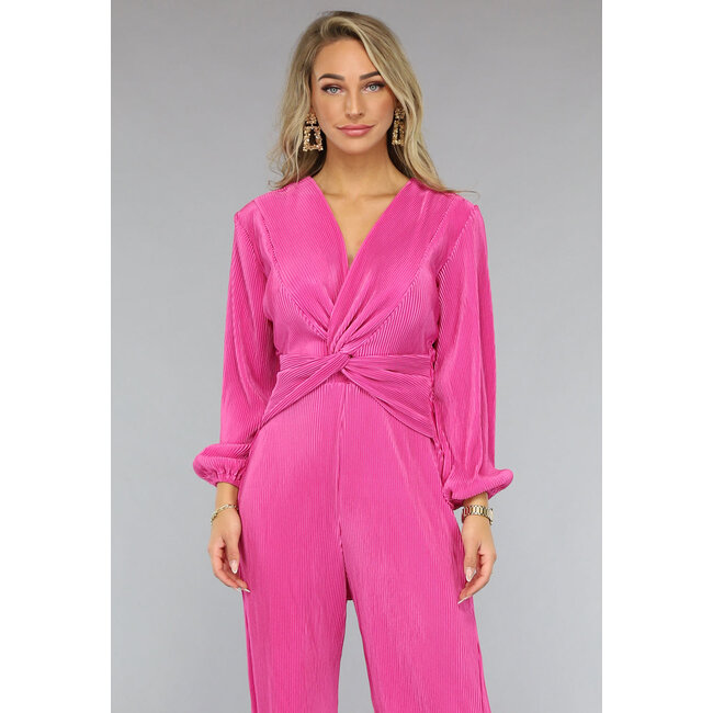 Fuchsiafarbener Plissé-Jumpsuit mit Schleifendetail und weiten Beinen