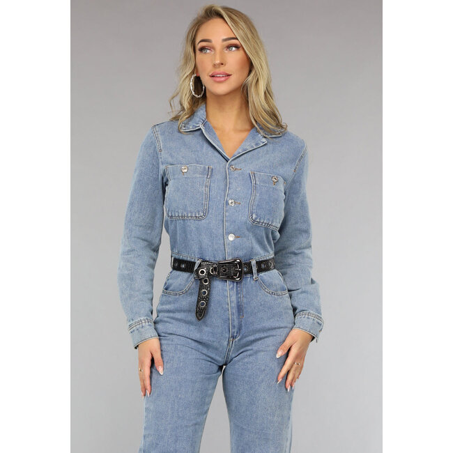 Blauer langärmeliger Denim-Overall mit weitem Bein