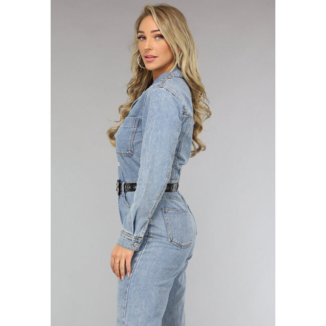 Blauer langärmeliger Denim-Overall mit weitem Bein