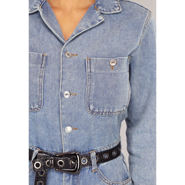 Blauer langärmeliger Denim-Overall mit weitem Bein