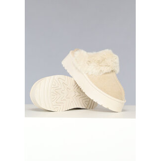 Beige Plateauslipper mit Fellimitat