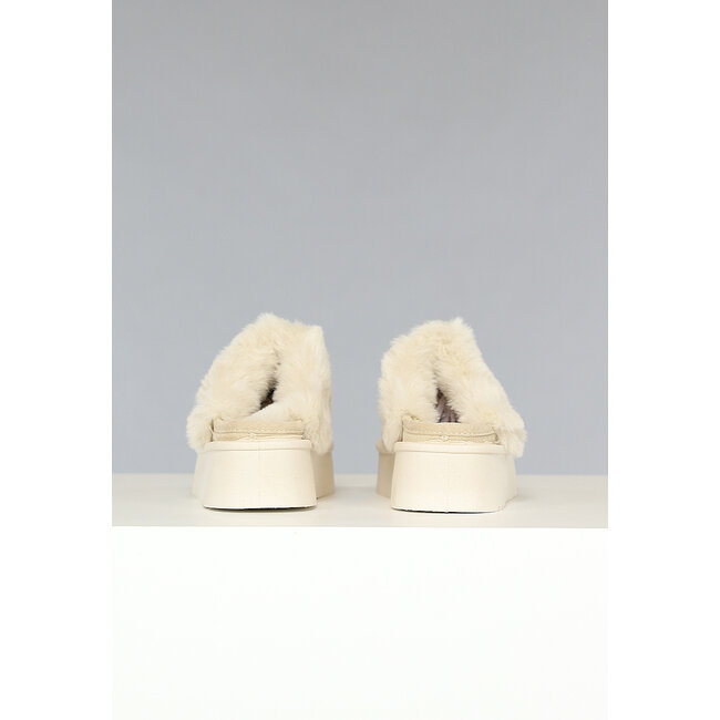 Beige Plateauslipper mit Fellimitat