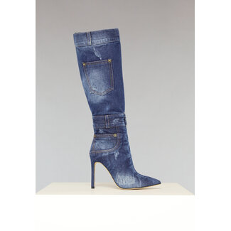 Kniestiefel im Denim-Look mit Stilettoabsatz