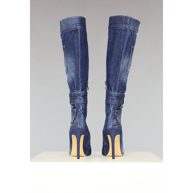 Kniestiefel im Denim-Look mit Stilettoabsatz