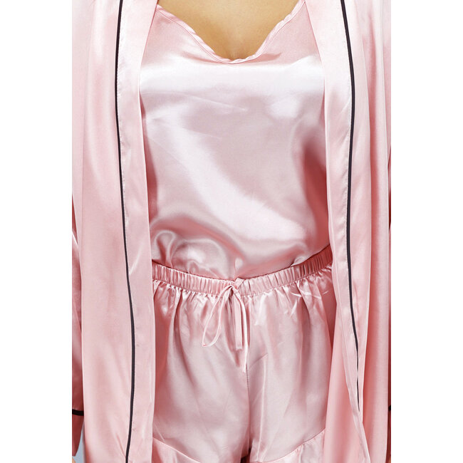 Rosa Satin 3-tlg. Pyjama mit Kimono