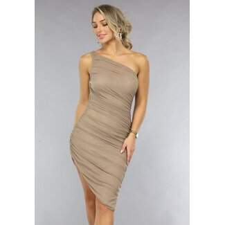 NEW0811 Plissiertes One-Shoulder-Bodycon-Kleid in Taupe