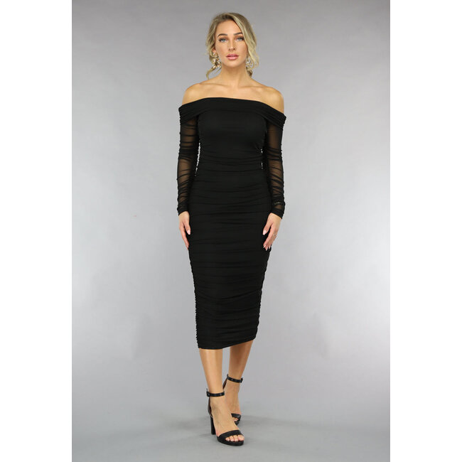 Drapiertes schwarzes schulterfreies Bodycon-Kleid aus Mesh