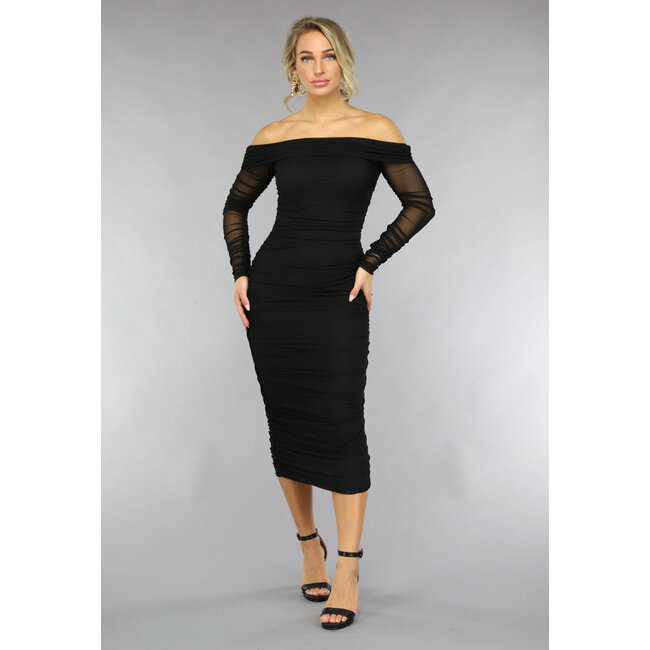 Drapiertes schwarzes schulterfreies Bodycon-Kleid aus Mesh