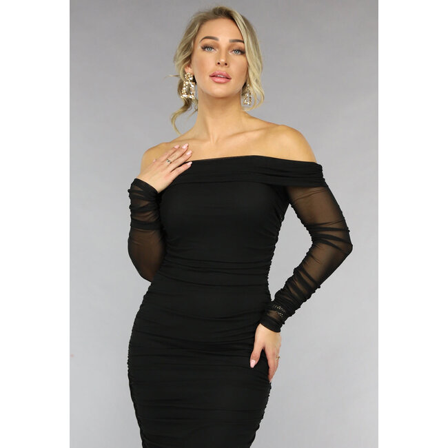 Drapiertes schwarzes schulterfreies Bodycon-Kleid aus Mesh