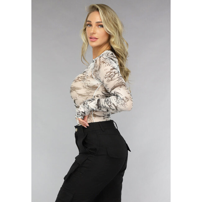 Langärmeliger Mesh-Bodysuit mit Daumenlöchern und Comic-Print
