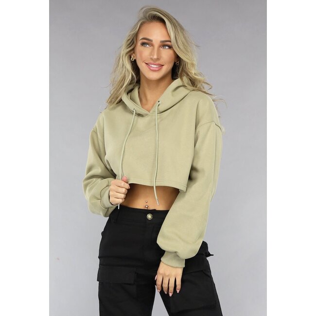 Khakifarbener Cropped Hoodie mit Puffärmeln