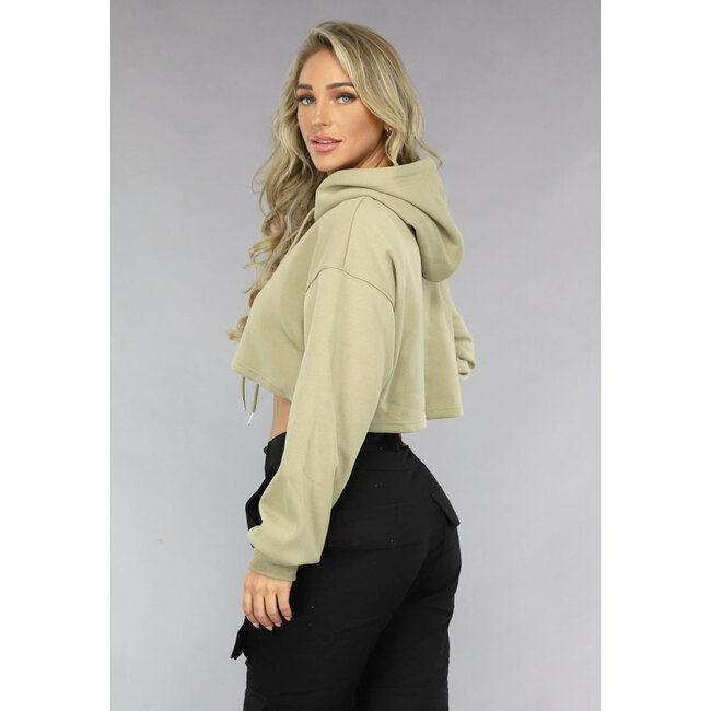 Khakifarbener Cropped Hoodie mit Puffärmeln