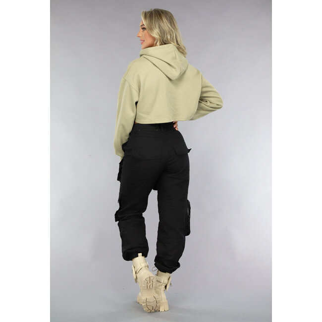 Khakifarbener Cropped Hoodie mit Puffärmeln