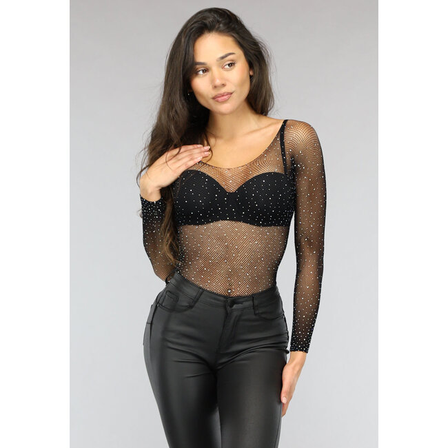 Schwarzer schulterfreier Glitzer-Fischnetz-Bodysuit