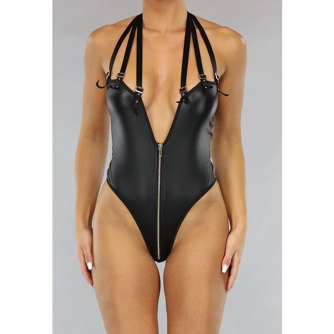 Strapazierfähiger Dessous-Bodysuit in Lederoptik mit offenem Rücken