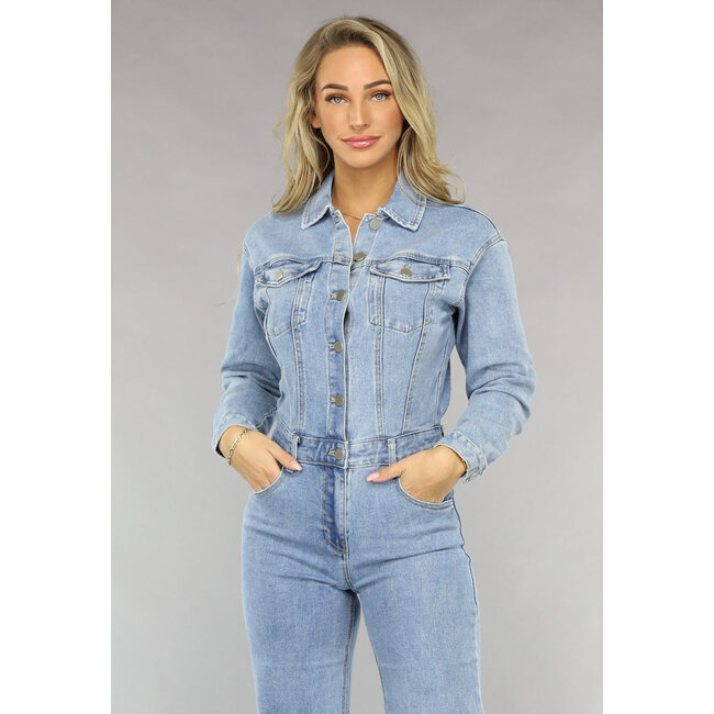 Blauer langärmeliger Denim-Overall mit geradem Bein