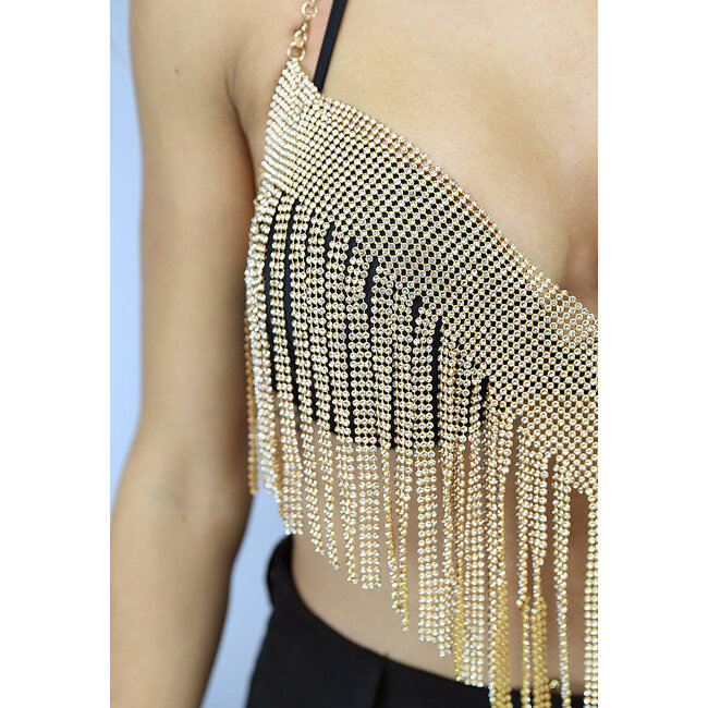 Goldfarbenes Top mit Glitzerfransen und Kettenverschluss