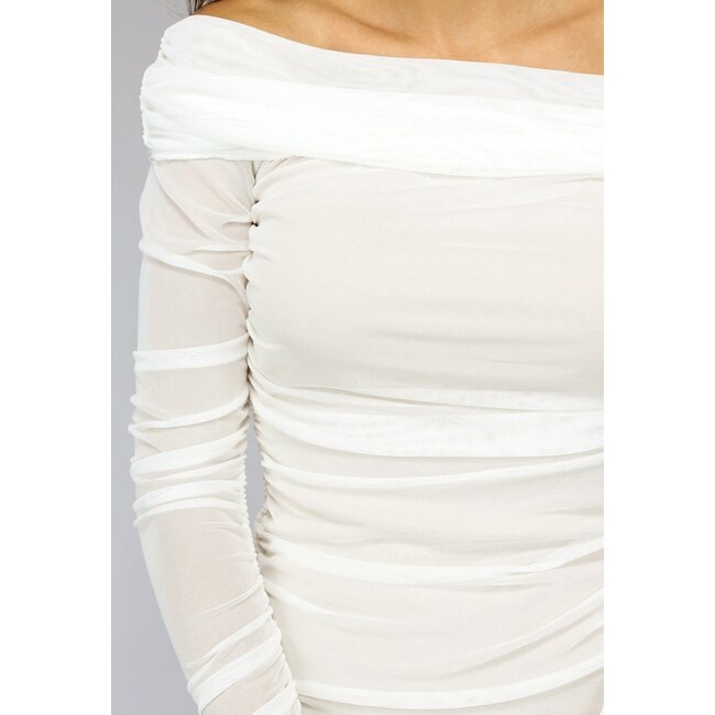 Plissiertes weißes schulterfreies Mesh-Kleid