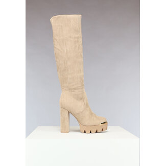 Khakifarbene Plateau-Kniestiefel mit goldenen Details
