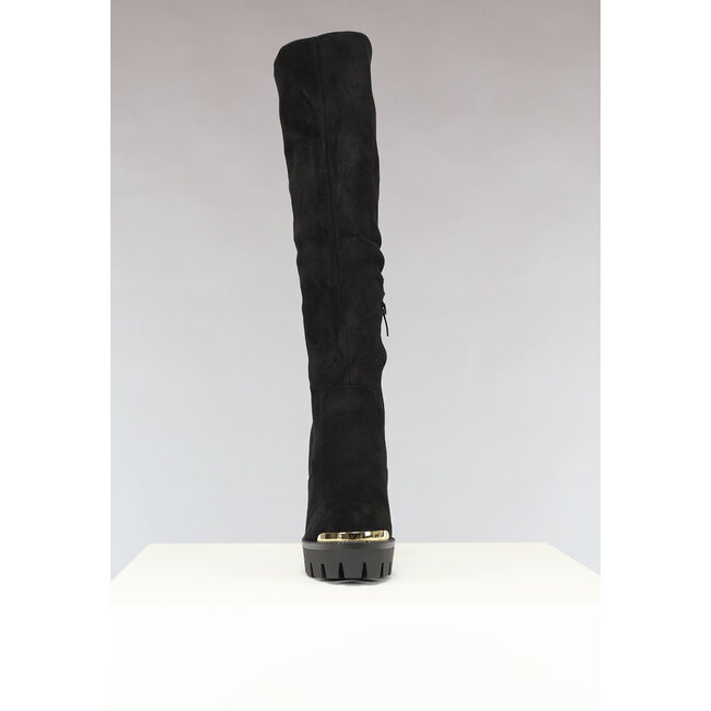 Schwarze Plateau-Kniestiefel mit goldenen Details