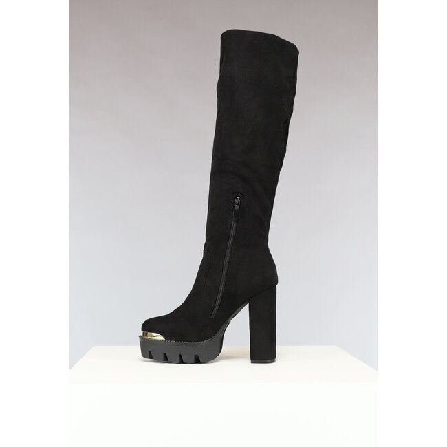 Schwarze Plateau-Kniestiefel mit goldenen Details