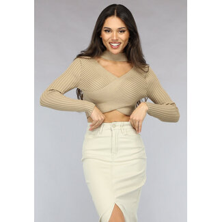 Khakifarbenes Rippstrick-Crown-Top