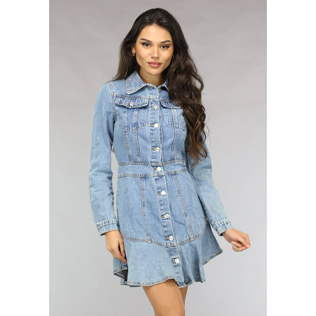 Gerafftes Denim-Kleid mit Knopfverschluss