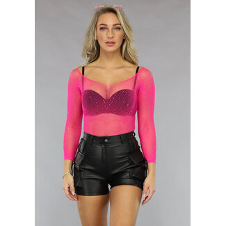 Rosa schulterfreier Bodysuit mit Glitzersteinen