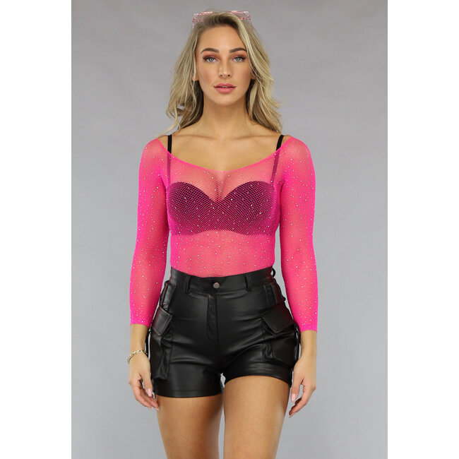 Rosa schulterfreier Bodysuit mit Glitzersteinen