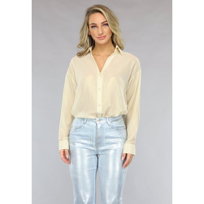 Beige glänzende langärmelige Bluse