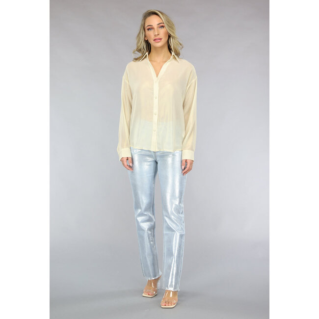 Beige glänzende langärmelige Bluse