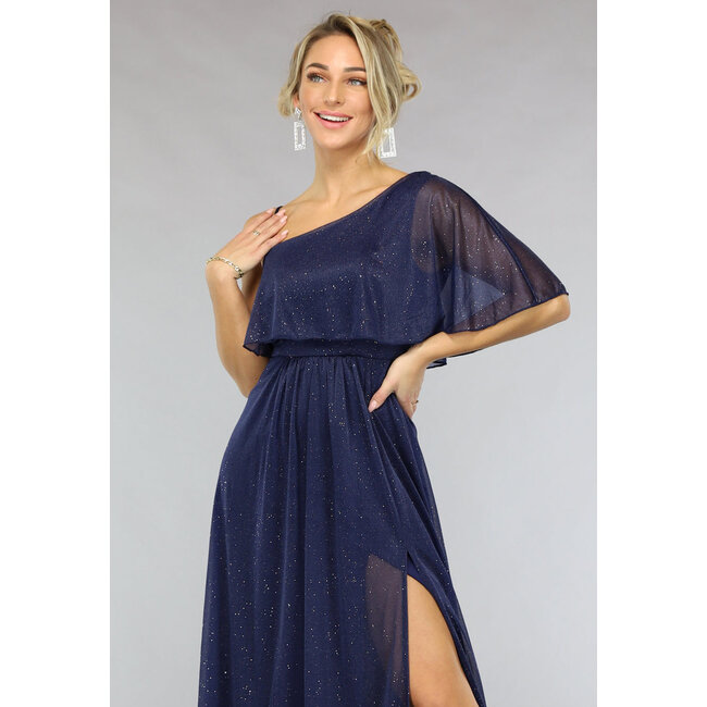 Marineblaues One-Shoulder-Galakleid mit Schimmer