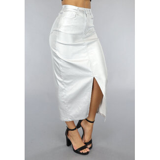 Redial Jeans Silberner Metallic-Midirock mit Schlitz