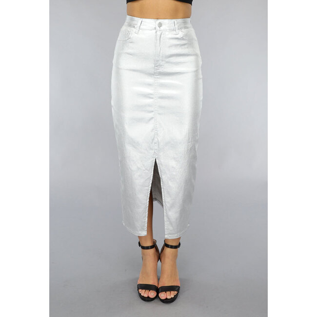 Silberner Metallic-Midirock mit Schlitz