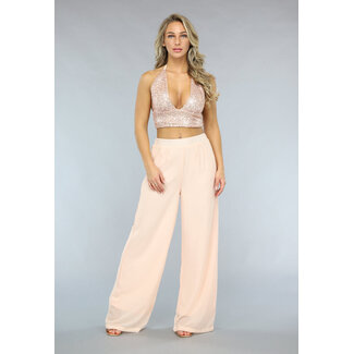 Champagnerfarbenes 2-teiliges Pantaloon-Set mit Glitzeroberteil