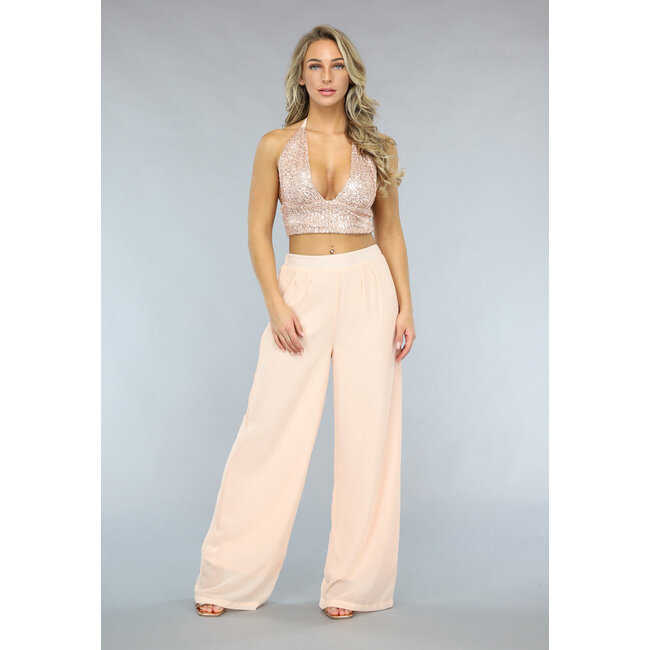 Champagnerfarbenes 2-teiliges Pantaloon-Set mit Glitzeroberteil