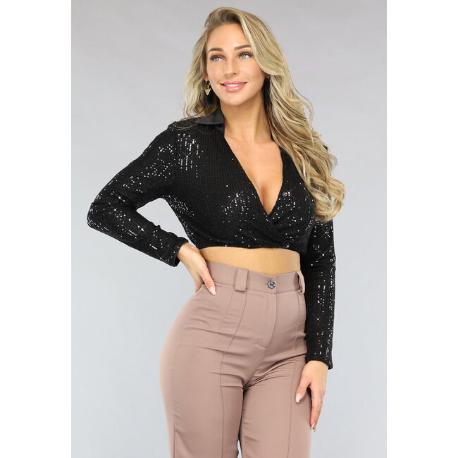 Schwarze Cropped Overslag-Bluse mit Pailletten