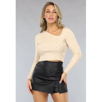 Beigefarbenes Rippen-Top mit Glitzer