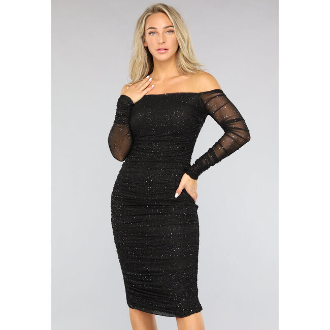 Plissiertes glitzerndes schulterfreies Mesh-Kleid