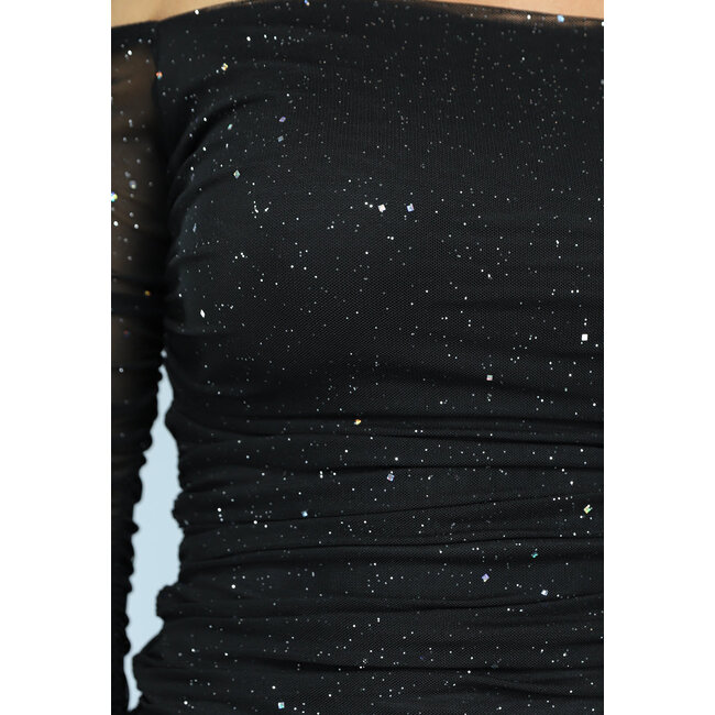 Plissiertes glitzerndes schulterfreies Mesh-Kleid