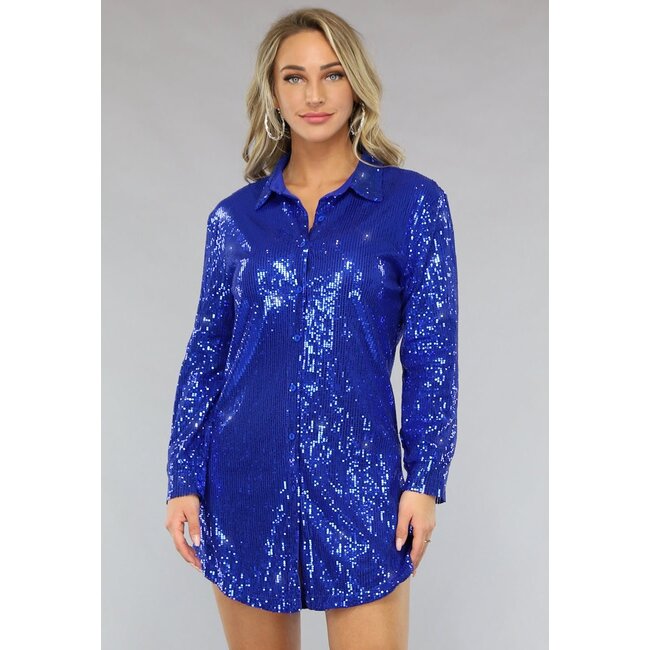 Blaues Blusenkleid mit Glitzer und Kragen
