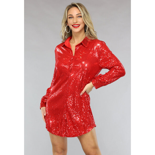 Rotes Loose Fit Blusenkleid mit Pailletten