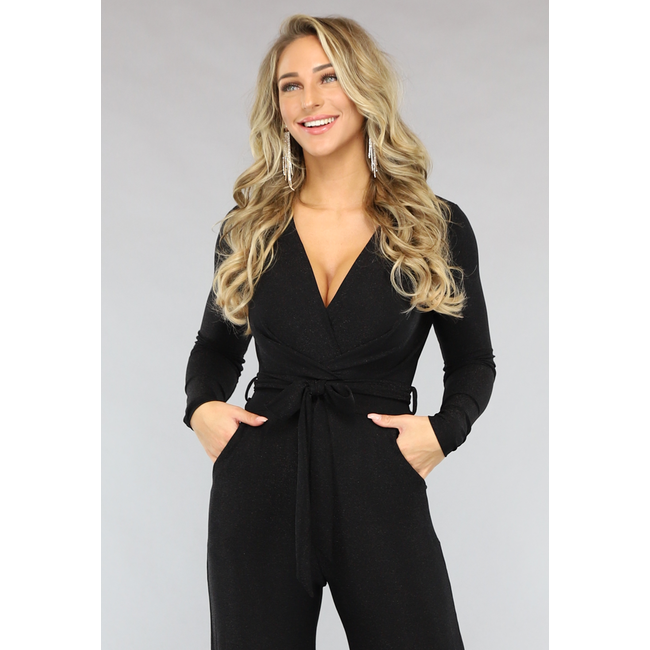 Schwarzer Glitzer-Jumpsuit mit Gummizug und weiten Beinen