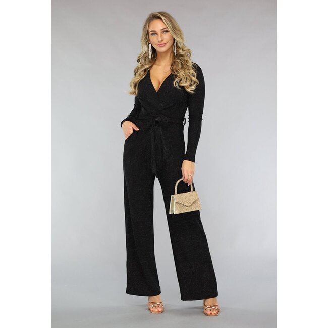 Schwarzer Glitzer-Jumpsuit mit Gummizug und weiten Beinen