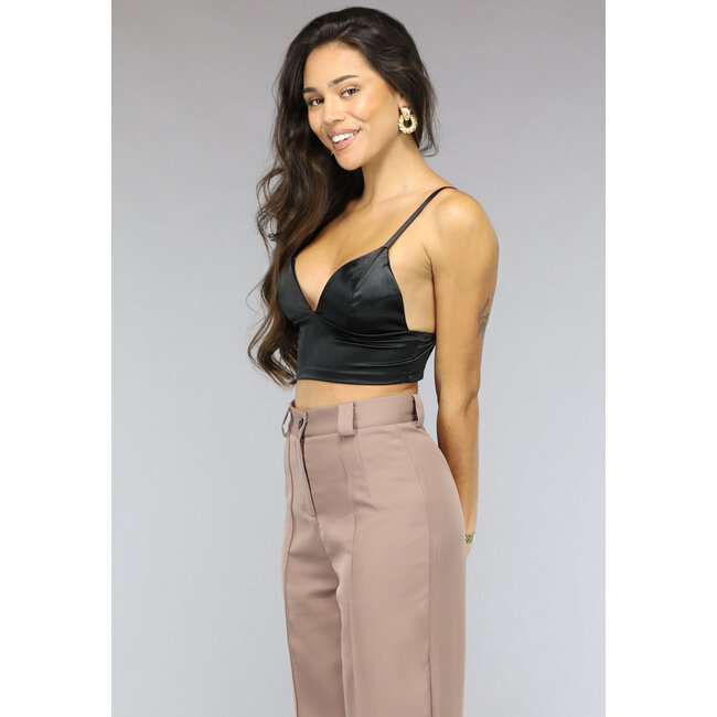 Schwarzes Satin-Look-Crop-Top mit Spaghetti-Trägern
