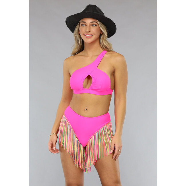 Asymmetrisches Bikini-Set in Neon-Pink mit Fransen