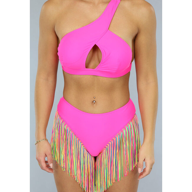 Asymmetrisches Bikini-Set in Neon-Pink mit Fransen