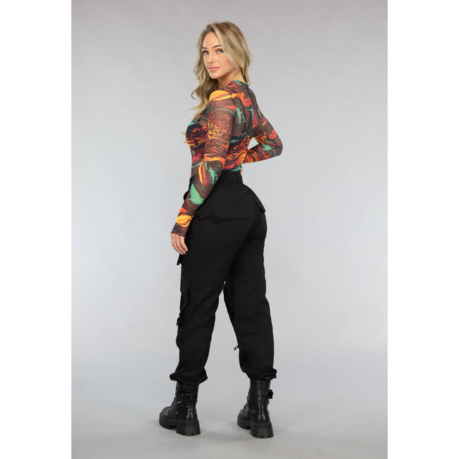 Langärmeliger Mesh-Body mit Lavadruck und Daumenlöchern