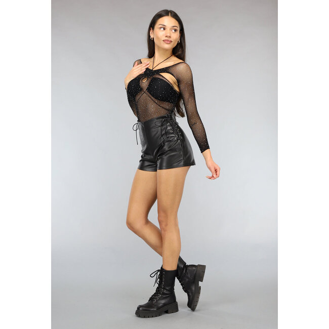 Schwarzer Langarm-Glitzer-Fischnetz-Bodysuit